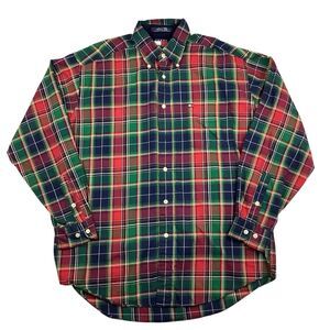Tommy Hilfiger Red Green Plaid Button Down Shirt Men M Long Sleeve Christmas Hol